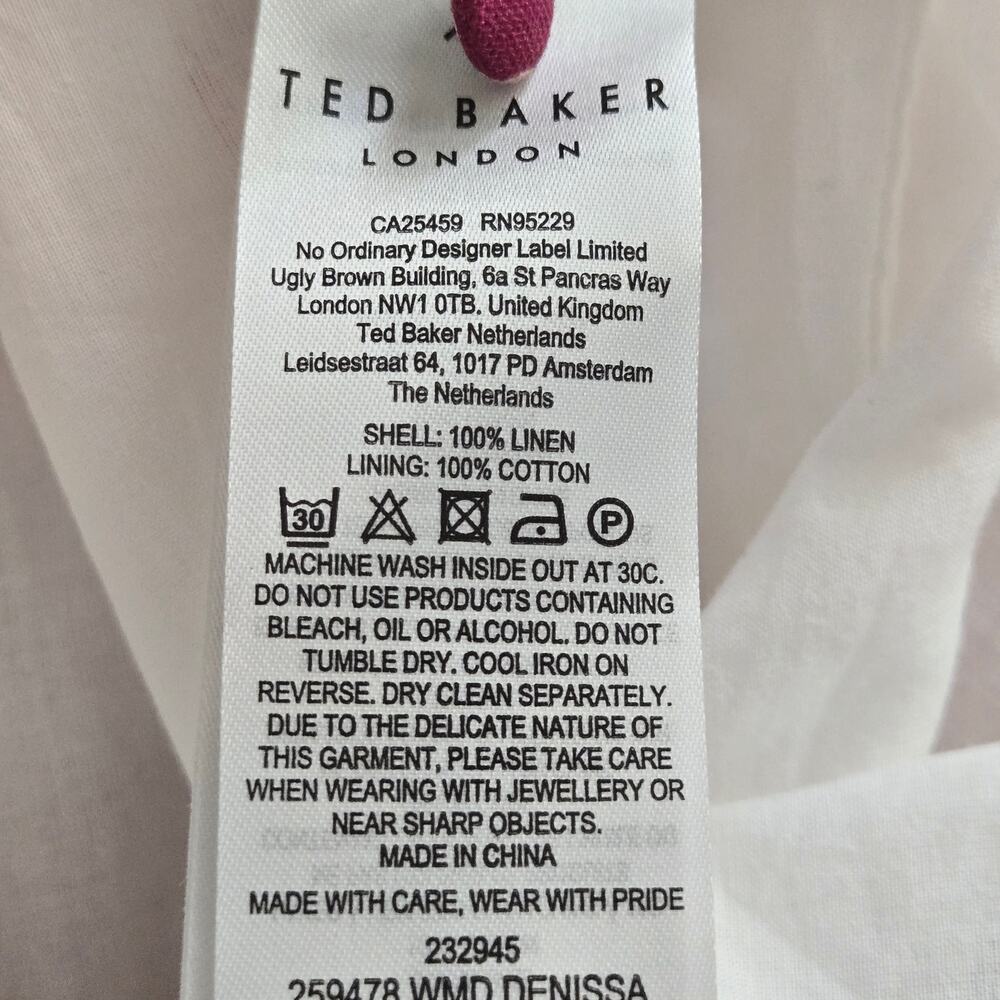 Ted Baker Denissa Linen Floral Midi Dress Pink Lace Cut Out Bishop Sleeve US 6 - Picture 15 of 15
